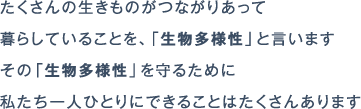 たくさんの生きものがつながりあって暮らしていることを、「生物多様性」と言いますその「生物多様性」を守るために私たち一人ひとりにできることはたくさんあります